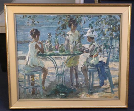 § Attributed to Dorothea Sharp (1874-1955) Children beside a cafe table 19.25 x 23.25in.